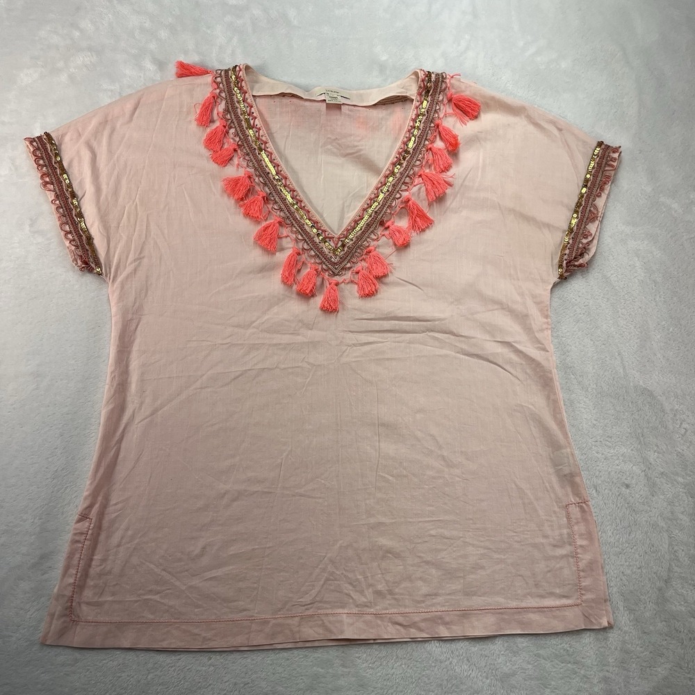 J Crew Vneck Tassle Shirt Womens 2‎ Cotton Festival Coastal Summer Pink Sequined